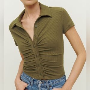 Reformation - Button Down Collared Shirt - Olive Green. Size Small. NWT